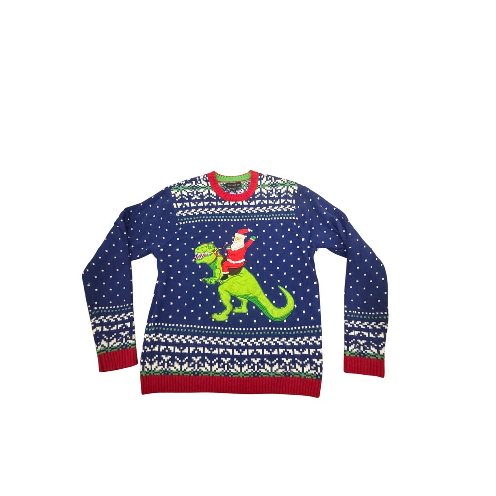 Blizzard Bay Mens XL Santa Riding T-Rex Dinosaur Ugly Christmas Sweater Blue